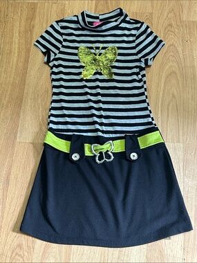 Pinky Black & Gray Striped Dress with Lime Sequin Butterfly Large (10/12)